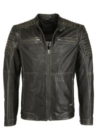 Schwarze Lederjacke mit gesteppter Schulterakzentuierung, zwei mit Reißverschluss versehenen Brusttaschen, zwei Seitentaschen und einer glatten Oberfläche. Reißverschluss vorne.