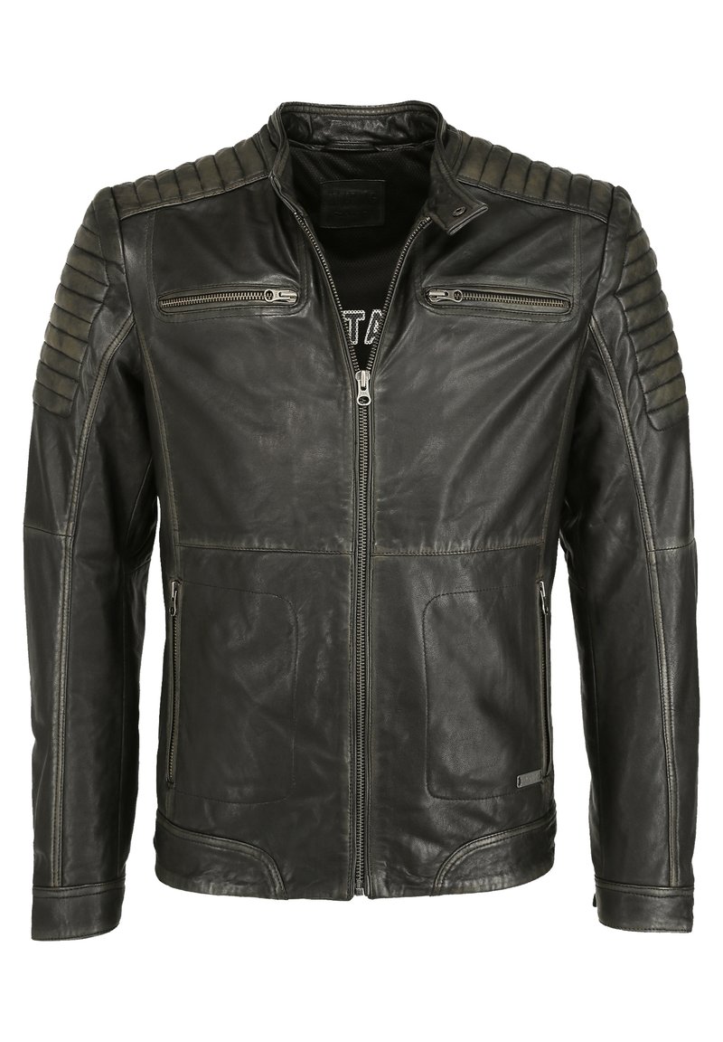 Schwarze Lederjacke mit gesteppter Schulterakzentuierung, zwei mit Reißverschluss versehenen Brusttaschen, zwei Seitentaschen und einer glatten Oberfläche. Reißverschluss vorne.