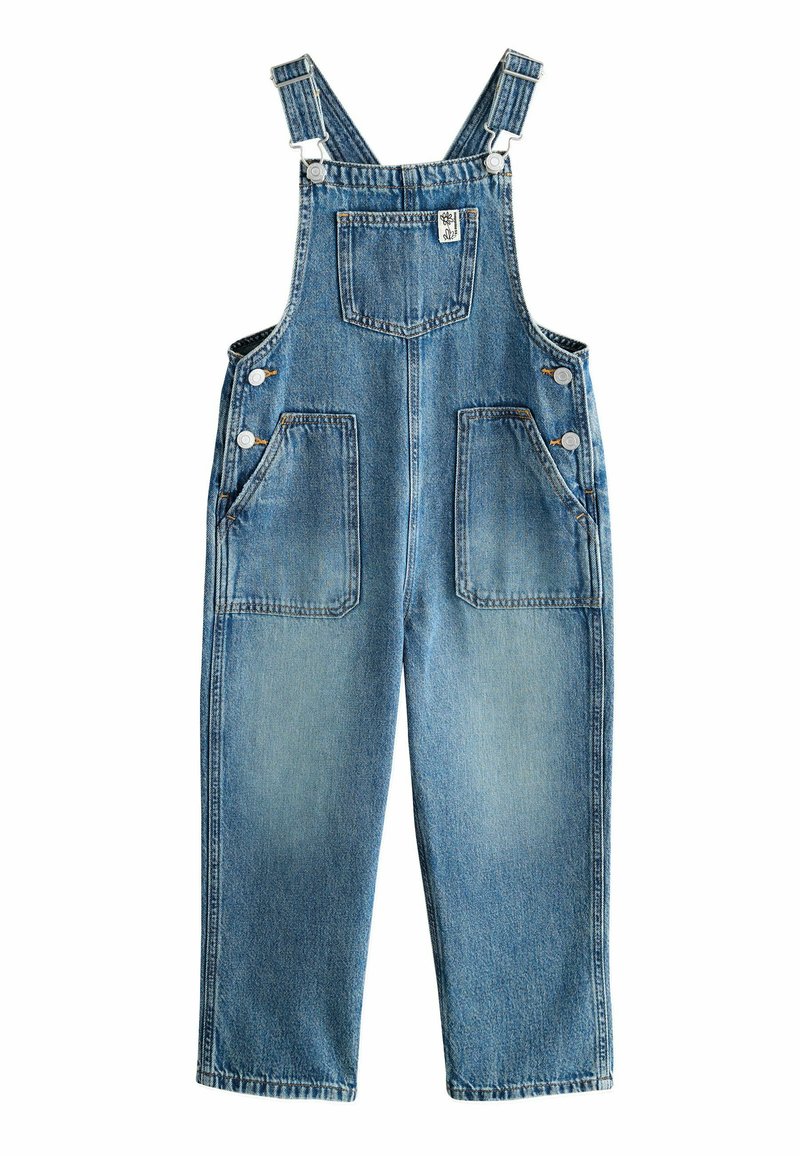 Pantalones de mezclilla en un lavado azul claro, con tirantes ajustables, dos grandes bolsillos frontales y un bolsillo trasero con un corte clásico.