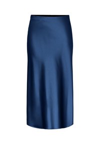 Marinblå satin blyertskjol med en slät textur, knälång design och en lätt lyster. Har ett diskret midjeband för en sömlös look.