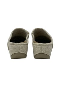 Pantofole in feltro di colore grigio chiaro, design open-back con interno morbido e suole in gomma. Presentano cuciture a vista e una suola testurizzata per una migliore aderenza.