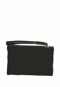 Clutch bag in suede nero con chiusura a zip, forma rettangolare slim e manico corto staccabile. Interno foderato in tessuto chiaro.