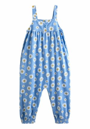 Blauer Strampler für Kleinkinder mit weißem und gelbem Gänseblümchenmuster, Schulterträgern, Knöpfen vorne und elastischen Bündchen an den Knöcheln.