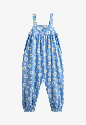 Sinine beebimänguveski valgete ja kollaste päevakübaraõite kujundusega, õlapaeltega, eest nupud ja pahkluude juures elastsed mansetid.