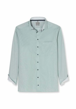 Lichtgroen herenshirt met lange mouwen, zwarte knopen, borstzak en contrasterende witte stof met zwarte stippen op kraag en manchetten.