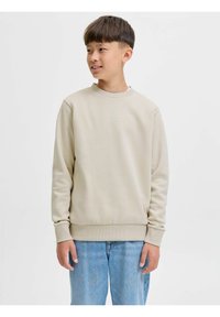 Sudadera beige clara con cuello redondo, puños y dobladillo acanalados. Presenta un sutil logo de texto en la parte delantera. Combinada con unos jeans azul claro.