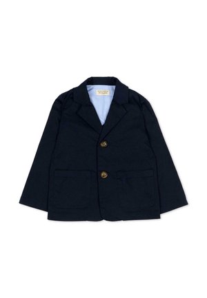 Granatowa marynarka z dwoma przednimi kieszeniami, dwoma brązowymi guzikami, klapą z wycięciem i jasnoniebieską podszewką.