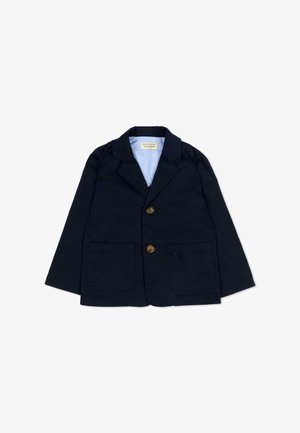 Navyblauw blazer met twee voorzakken, twee bruine knopen, een notch-reverskraag en een lichtblauwe voering.