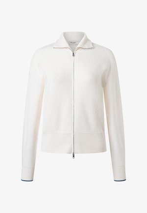 Witte gebreide trui met rits, lange mouwen en geribde boorden, kraag en zoom.