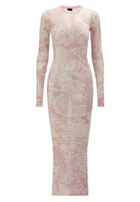 Dlouhý rukáv šaty v světlé růžové barvě s krémovým abstraktním vzorem. Přiléhavá silueta s kulatým výstřihem, vyrobené z elastického materiálu.