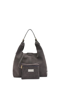 Borsa a tracolla grigia in suede con una silhouette morbida, dotata di un manico superiore e una piccola pochette coordinata con zip e etichetta con logo.