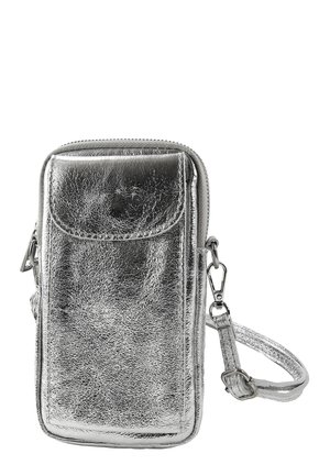 Silver metallic crossbody pouch with a zip closure, front flap, and detachable strap. Features a smooth, shiny texture and rectangular shape.