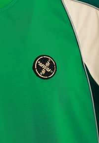 Camisa verde de manga corta hecha de tejido suave, con un parche circular negro con detalles bordados. Diseño a bloques de color con acentos en crema y oscuros.