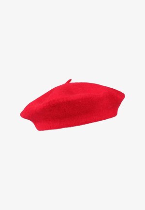 Red wool beret with a rounded shape and slight peak. Soft texture, smooth surface, and a small top loop for adjustment.