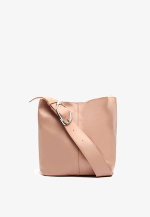Structured pink leather shoulder bag with a wide strap and silver hardware buckle. Smooth texture, minimalistic design, open top.