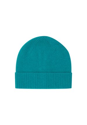 Gorros de lana en color teal con puños acanalados. El diseño presenta una textura suave y una parte superior redondeada, apto para climas cálidos.