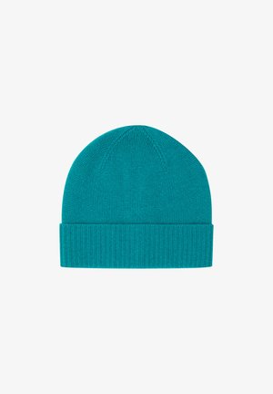 Gorros de lana en color teal con puños acanalados. El diseño presenta una textura suave y una parte superior redondeada, apto para climas cálidos.
