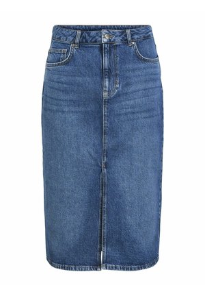 Mėlynos džinsinės pieštuko sijonas, turi priekiniu plyšiu, penkis kišenius, mygtuko užsegimą ir diržo kilpas. Klasikinis tiesus kirpimas su šiek tiek elastano.