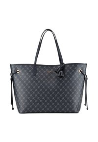 Borsa a spalla blu navy realizzata in materiale testurizzato, caratterizzata da un motivo ripetuto, doppio manico, dettagli in tono oro e una frangia decorativa.