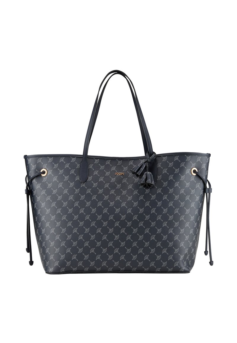 Borsa a spalla blu navy realizzata in materiale testurizzato, caratterizzata da un motivo ripetuto, doppio manico, dettagli in tono oro e una frangia decorativa.