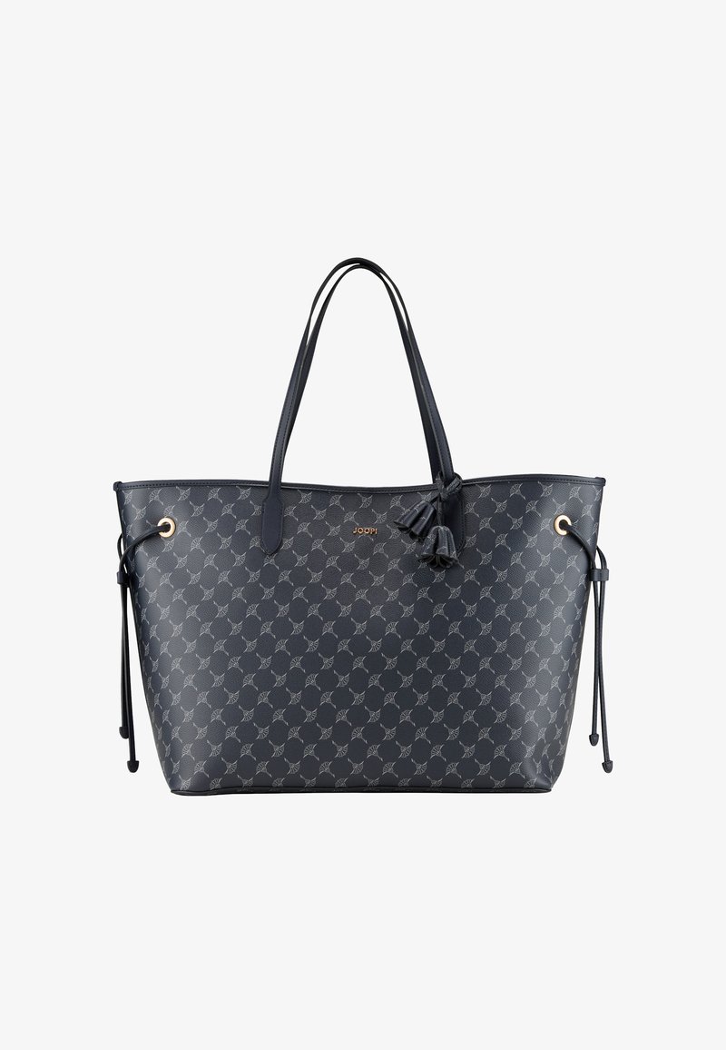 Borsa a spalla blu navy realizzata in materiale testurizzato, caratterizzata da un motivo ripetuto, doppio manico, dettagli in tono oro e una frangia decorativa.