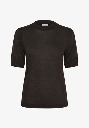 Black short-sleeve sweater with a ribbed, rounded neckline. Features slightly puffed sleeves and a textured, metallic finish.
