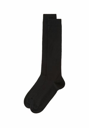 Sorte knælange strømper lavet af et glat, strækbart materiale med en ribbet manchet øverst. Sømfri tådesign for komfort.