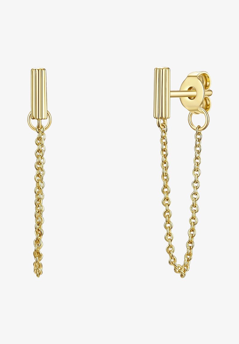 Zelta tonēti karājoši auskari, kas ir aprīkoti ar vertikālu stīgu un piekārtu ķēdes akcentu. Dizainā ir ietverti saistītās ķēdes elementi un gludas tekstūras.