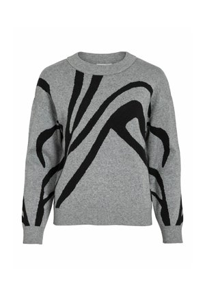 Pull en maille gris avec de bold motifs abstraits noirs. Col rond, coupe décontractée et bords côtelés aux manches et à l'ourlet. Texture douce.