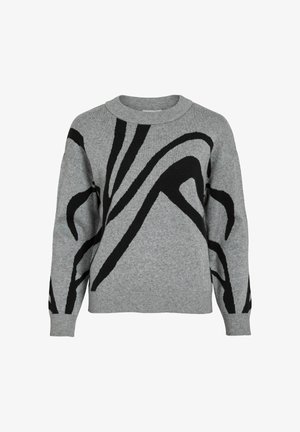 Grå strikket genser med friske svarte abstrakte mønstre. Rund hals, løs passform og ribbestrikkede mansjetter og hem. Myk tekstur.