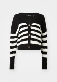 Black and white striped cropped cardigan with a V-neck, featuring ribbed texture and three brown buttons down the front.