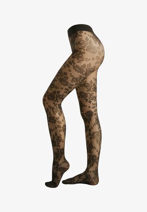 Medias negras con estampado floral y acabado transparente, con una cinturilla negra sólida. El diseño incluye motivos florales intrincados sobre una base clara.