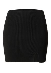Schwarzer gerippter Minirock mit tailliertem Schnitt, der am Saum ein kleines Cut-Out-Detail aufweist. Hergestellt aus elastischem Material für eine dehnbare Passform.