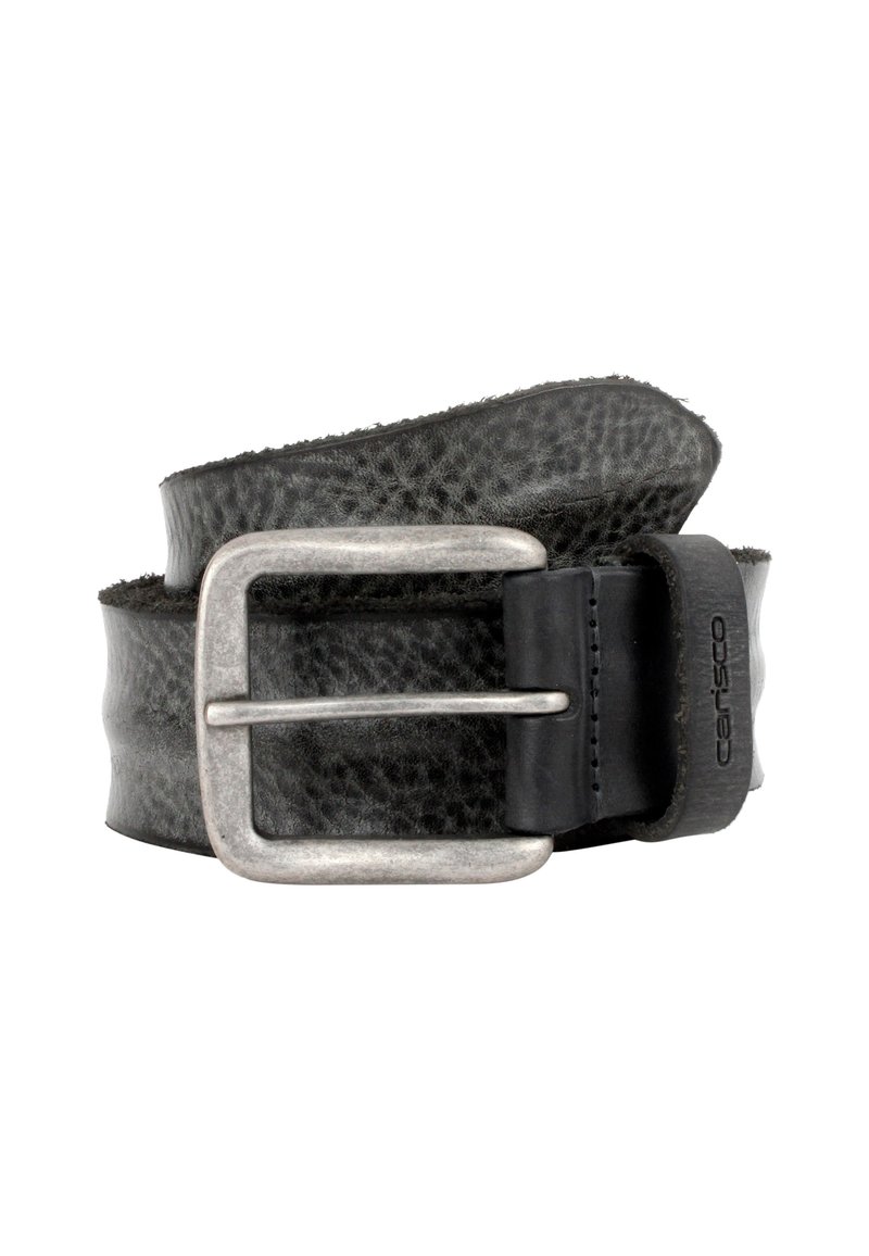 Schwarzer Ledergürtel mit strukturiertem Finish. Verfügt über eine rechteckige silberfarbene Metallschnalle und einen schwarzen Halter mit Branding-Detail.