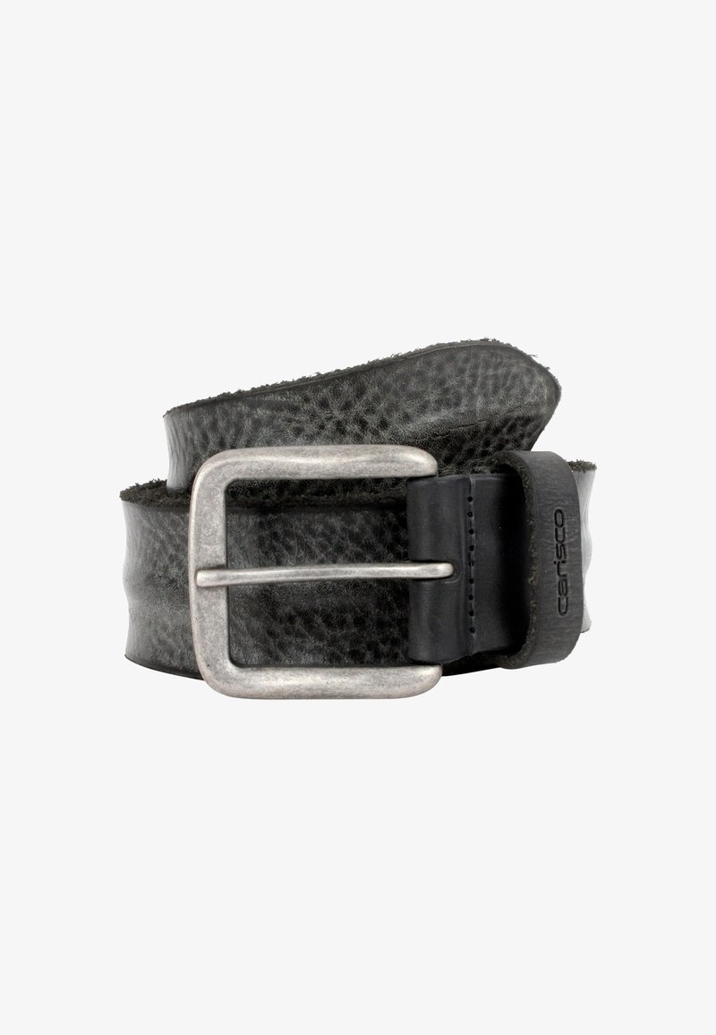 Schwarzer Ledergürtel mit strukturiertem Finish. Verfügt über eine rechteckige silberfarbene Metallschnalle und einen schwarzen Halter mit Branding-Detail.