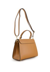 Brown leather handbag with a structured shape, a short handle, and a detachable shoulder strap. Features gold-tone hardware and contrasting trim.