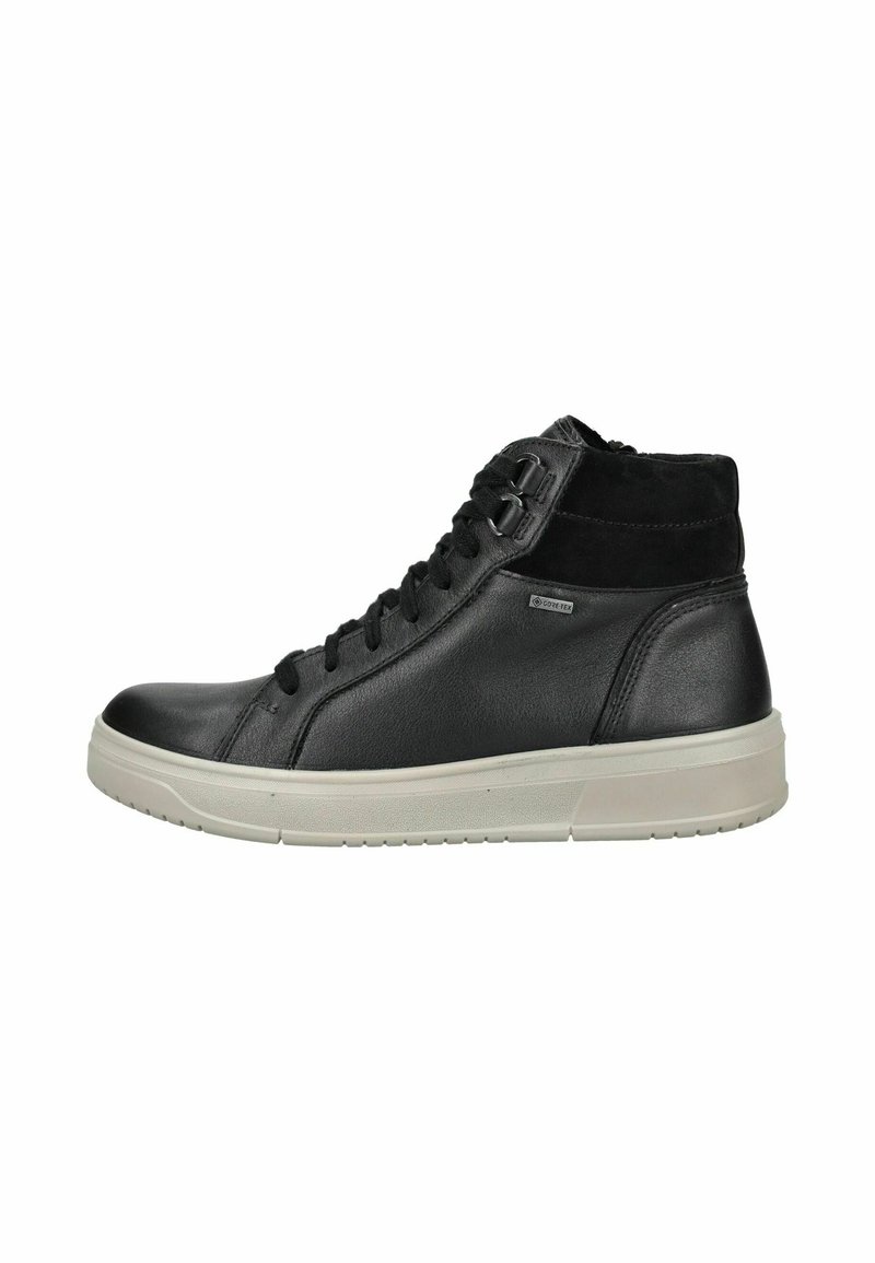 Zwarte hoge sneakers van leer en suède, met een ronde neus, vetersluiting aan de voorkant en een witte rubberen zool.