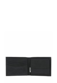 Black bifold wallet open showing multiple card slots, a transparent ID slot, and a coin pocket with flap on a white background.