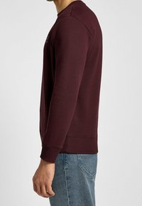 Uomo che indossa una felpa a maniche lunghe color bordeaux e jeans blu, mostrato di lato con il braccio rilassato lungo il corpo.