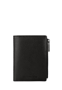 Portefeuille en cuir noir avec surface texturée, forme rectangulaire, fermeture à glissière sur le côté, et nom de la marque en relief à l'avant.
