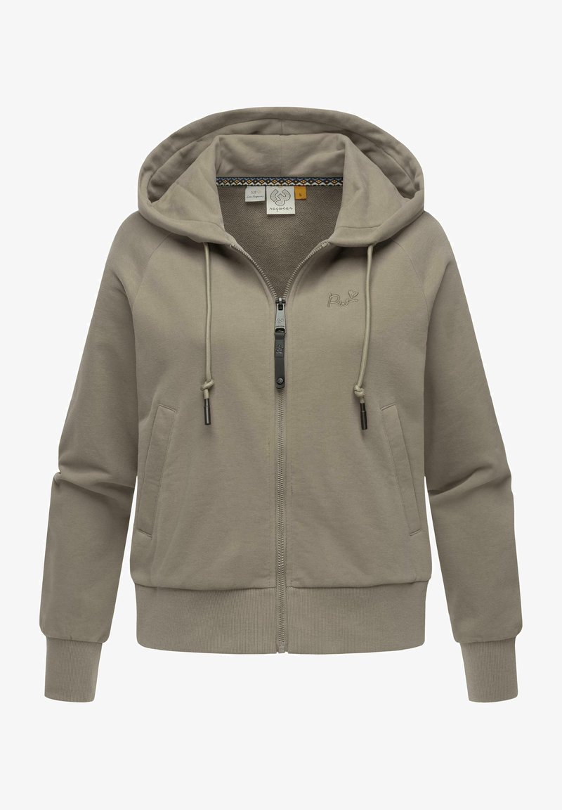 Sudadera beige con cremallera y capucha ajustable, dos bolsillos frontales y puños de canalé. Presenta un logo en el pecho y un forro interior estampado.