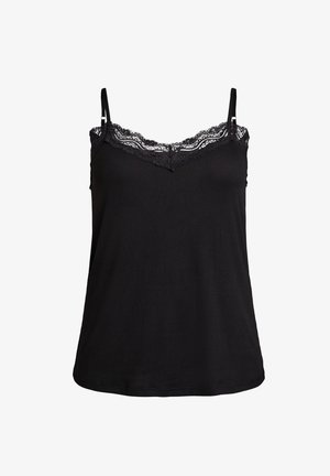 Black sleeveless camisole with lace trim along the V-neckline and thin adjustable shoulder straps.