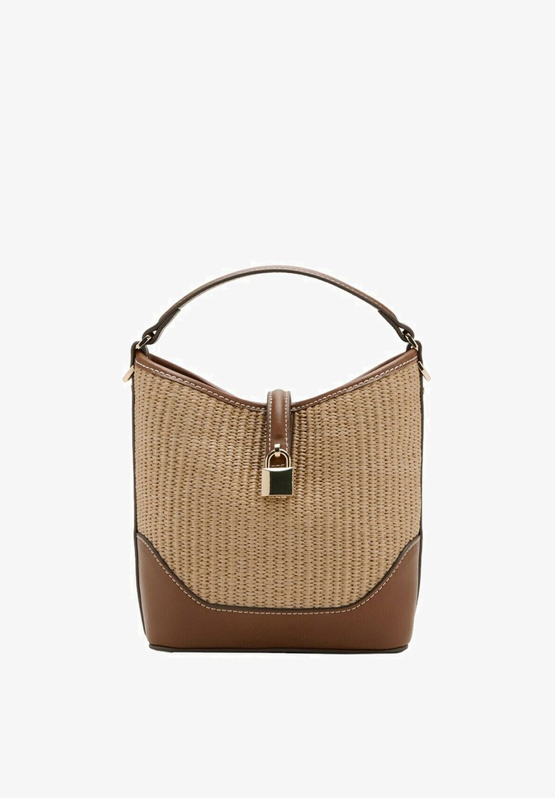 Brown leather and woven straw handbag with short handle and gold-tone padlock detail on front strap.