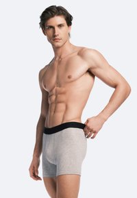 Gray cotton boxer shorts with a black elastic waistband, featuring a smooth texture and fitted design. Model stands confidently.
