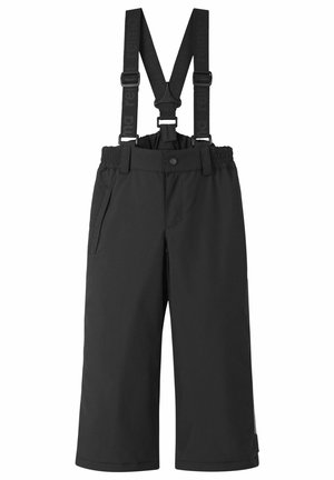 Pantaloni neri impermeabili con bretelle regolabili, vita elasticizzata e tasche laterali, caratterizzati da una texture liscia e un design a gamba dritta.