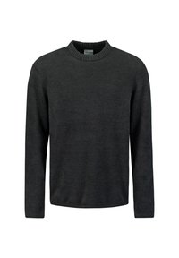 Dunkelgrauer, langärmeliger Pullover aus einem strukturierten Stoff mit einem runden Halsausschnitt und gerippten Akzenten am Kragen und an den Bündchen.