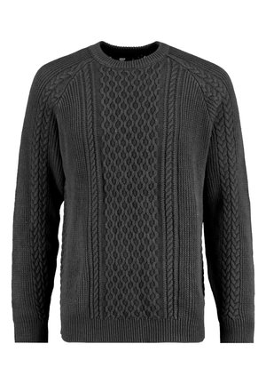 Pull en maille torsadée gris foncé avec motifs texturés et col, poignets et ourlet côtelés, présenté sur fond blanc.