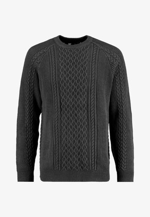Pull en maille torsadée gris foncé avec motifs texturés et col, poignets et ourlet côtelés, présenté sur fond blanc.