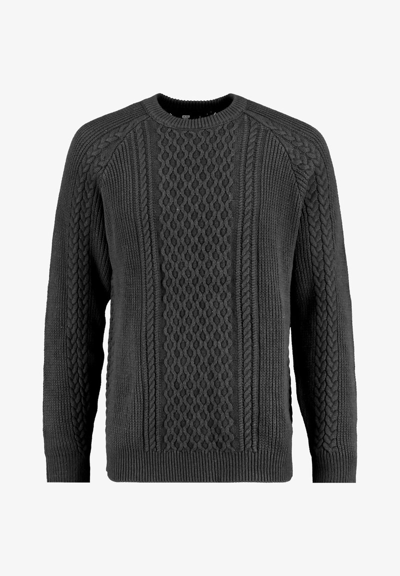 Pull en maille torsadée gris foncé avec motifs texturés et col, poignets et ourlet côtelés, présenté sur fond blanc.