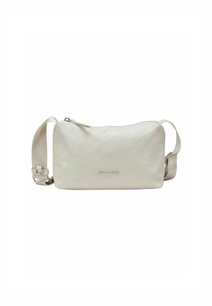 Sac bandoulière rectangulaire beige clair avec sangle réglable, fermeture éclair sur le dessus et petit logo "Marc O'Polo" centré à l'avant.